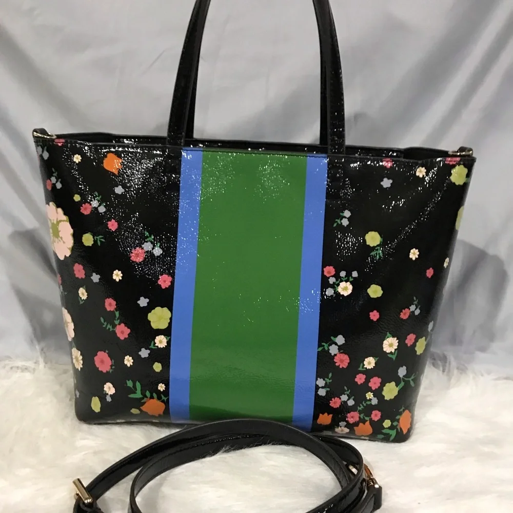 Tory Burch Patent Leather Medium Tote Flowers Kerrington EUC